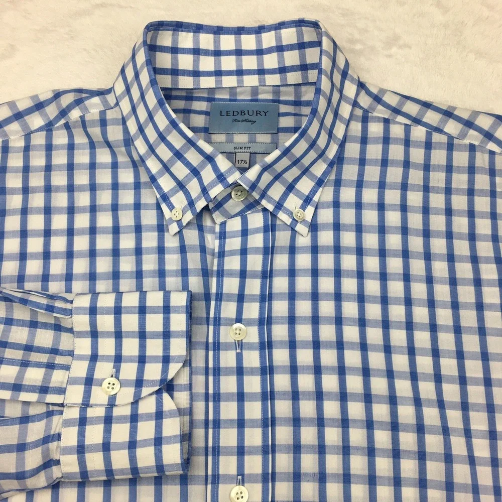 Ledbury Shirt Mens 17.5 Blue/White Checks Slim Fit Cotton/Linen Blend